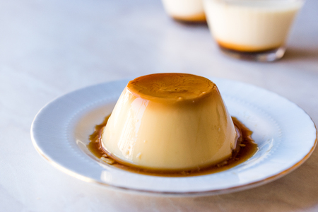 Homemade Creme Caramel with Sweet Syrup / Custard Pudding. Dessert Concept.