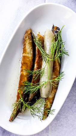 Turkish Appetizer Sardine with salt and dill. Organic Food Concept.の写真素材