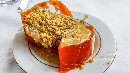 Turkish Pumpkin Dessert with tahini / Tahinli Kabak Tatlisi. traditional dessert.の写真素材