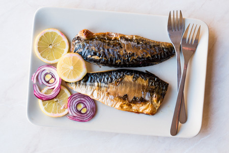 Mackerel Fish with Onions and Lemons in Plate. SeaFood Concept.の写真素材
