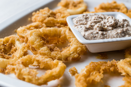 Fried Crispy Calamari Squid Rings with Tartar Sauce and Lemon. SeaFood Concept.の写真素材
