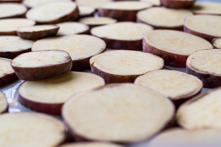 Sliced Sweet Potato Slices on Tray. Organic Food.の写真素材