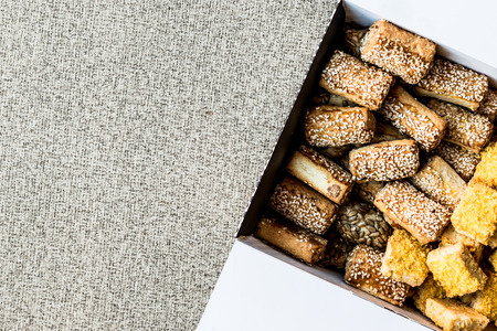 Turkish salty pastries with cornflour in box. Bakery concept.の写真素材