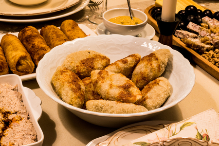 Boiled Kibbeh / Arabian stuffed meatballs  with sauce / haslama icli kofte at homeの写真素材