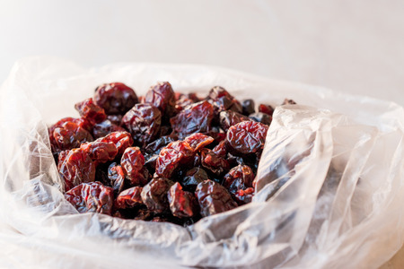 Package of Dried Blueberries in Plastic Box. Organic Food.の写真素材