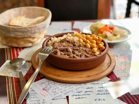 Turkish Pilav or Pilaf Rice with Baked Beans (Kuru fasulye) and Kavurma (Braised Meat). Street Food.の写真素材
