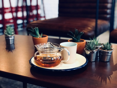 Bergamot Tea in Glass Teapot with Cactus Flowers at Cafe Shop.の写真素材