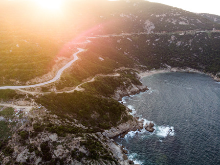 Aerial Drone View of Mountain Way Sunset in Forest at Erdek Turankoy / Balikesir Turkey. Nature in the City.の写真素材