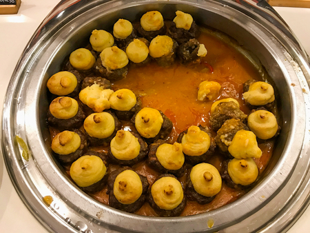 Turkish Food Hasanpasa Kofte / Kofta with Puree in Silver Pot / Meatballs. Traditional Organic Food.の写真素材