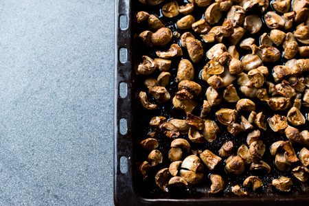 Cultivated and Baked Mushrooms in Oven Tray. Homemade food.の写真素材