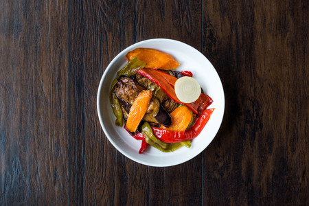 Turkish Food Style Fried Vegetables, Red Pepper, Aubergine, Carrot, Hot Pepper and Onions / Sebze Kizartma. Organic Food.の写真素材