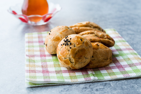 Salty Turkish Pastry with Dill and Traditional Turkish tea. Organic Bakery.の写真素材