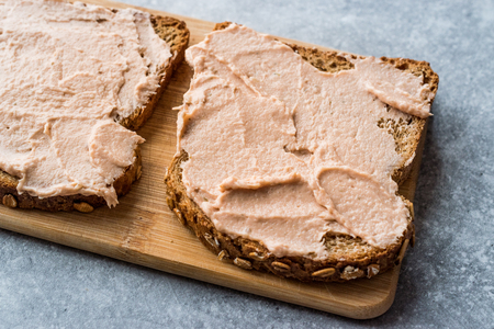 Tuna Cream Paste with Toast Bread on Wooden Board / Creamed Fish Pate. Seafood.
