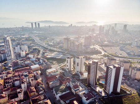 Aerial Drone View of Unplanned Urbanization City of Istanbul Kartal Yakacik. Cityscape.の写真素材