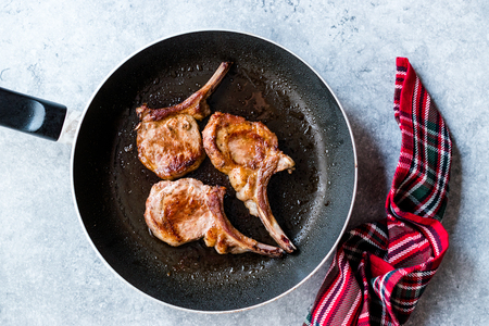 Fried Lamb Chops in Pan. Grilled and Sauteed. Organic Meat Food.の写真素材