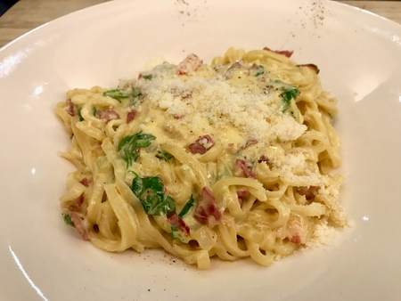 Carbonara Spaghetti Pasta with Parmesan Cheese. Traditional Italian Food.の写真素材