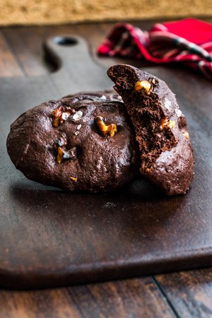 Salted Brownie Cookies with Roasted Walnut Pieces. Organic Dessert Snacks.の写真素材