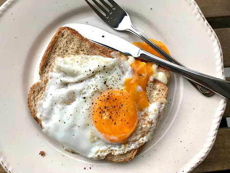 Homemade Toast with Fried Egg for Breakfast Ready to Eat. Organic Food.
