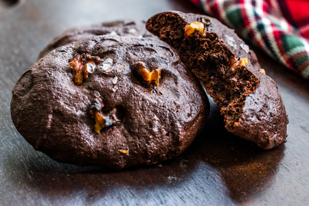 Salted Brownie Cookies with Roasted Walnut Pieces. Organic Dessert Snacks.の写真素材