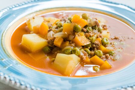 Turkish Food Green Pea Stew / Stewed Minced Meat Etli Bezelye. Traditional Organic Food.