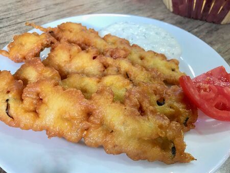 Turkish Chop Fried Mussels / Midye Tava. Traditional Fast Food.の写真素材