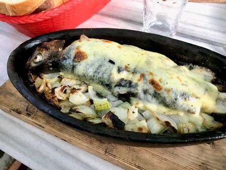 Turkish Seafood Trout Alabalik Fish with Bechamel Sauce in Casserole / Guvec. Traditional Food.の写真素材