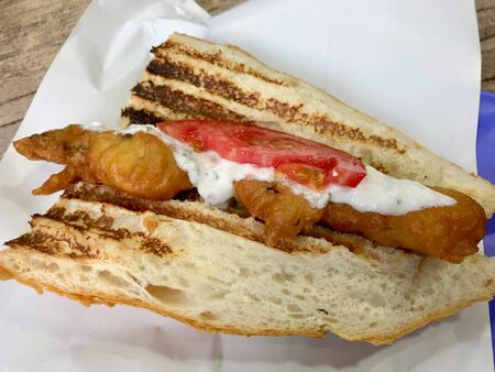 Turkish Chop Fried Mussels / Midye Tava Sandwich Traditional Fast Food.