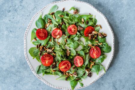 Purslane Salad with Walnut, Pine Nuts, Cherry Tomatoes and Olive Oil. Organic Fresh Food.の写真素材
