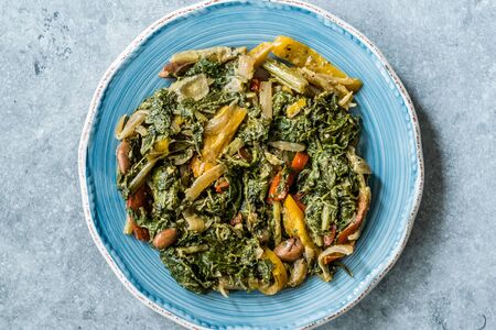 Homemade Healthy Chard Food with Olive Oil, Almonds and Julienne Vegetables  Turkish Food Pazi. Traditional Organic Recipe.の写真素材