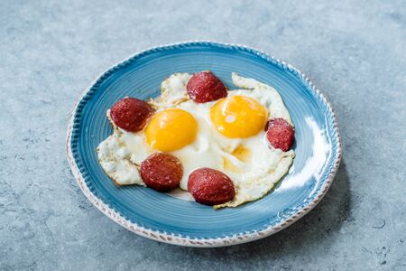 Turkish Breakfast Sucuk with Fried Eggs / Salami or Sujuk. Traditional Food.の写真素材