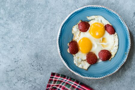 Turkish Breakfast Sucuk with Fried Eggs / Salami or Sujuk. Traditional Food.の写真素材