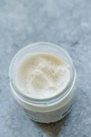 Ricotta Cheese in Jar / Glass Bowl Ready to Use. Traditional Organic Food.