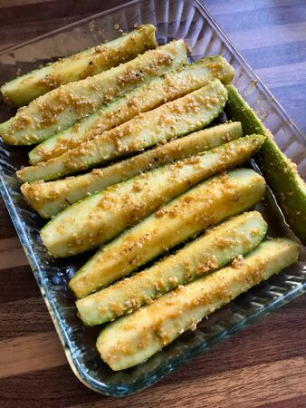 Baked Zucchini Courgettes Stuffed with Sesame, Garlic and Butter. Oganic Food.の写真素材