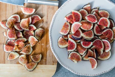 Sliced Fresh Ripe Fig Slices Ready to Use / Eat. Organic Food.の写真素材