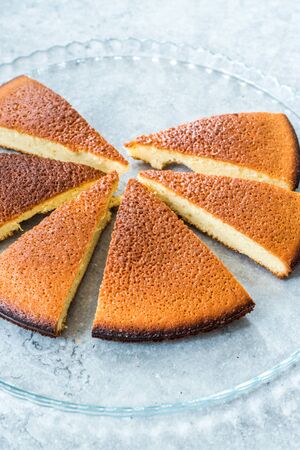 Sponge Cake Slices in Glass Tray. Ready to Serve. Homemade Dessert.