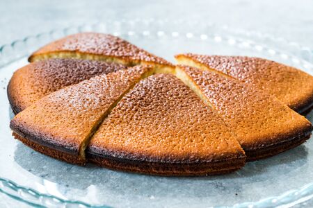 Sponge Cake Slices in Glass Tray. Ready to Serve. Homemade Dessert.