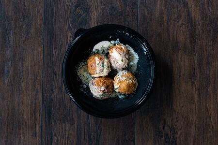 Take Away Fried Mac and Cheese Balls with Parmesan Cheese / Macaroni Bites in Plastic Plate Box...
