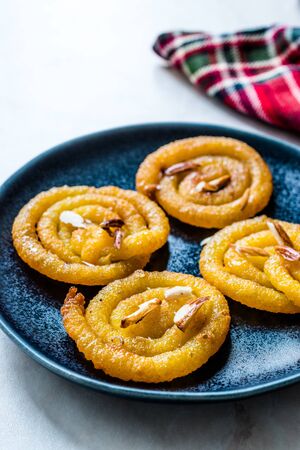 Jalebi or Jilbi or imarati, indian sweet food fried in pure ghee Gujarat Crispy Fafda. Traditional...
