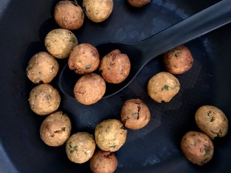 Falafel Vegetarian Fried Balls of Chickpea in Pan.  Traditional Organic Food.