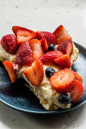 Strawberry Tart Pie Slice with Full of Strawberries in Plate. Vintage Retro Style.