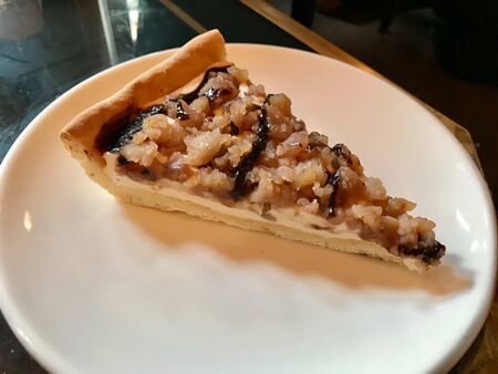 Chestnut Tart Slice in Plate also called Mont Blanc Dessert. Traditional Food.