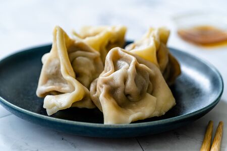 Homemade Steamed Asian Dumplings with Garlic Sauce. Ready to Eat.の写真素材