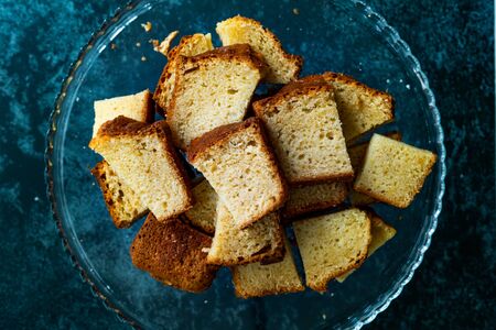 Homemade Lemon Pound Cake Slices on Glass Tray. Ready to Serve. Organic Dessert.