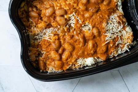 Take Away Mexican Food Rice with Kidney Bean, Sour Cream, Grated  Mozzarella Cheese and Salsa Sauce...