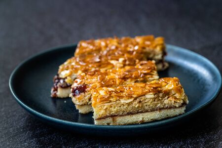 Scandinavian Dessert Swedish Tosca Cake Slices / Toscakaka. Traditional Food.
