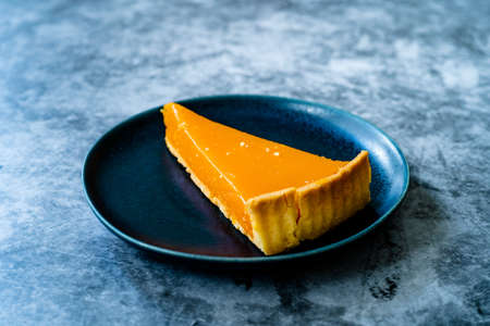 Pumpkin pie, tart made for Thanksgiving day with wheat flour on a black plate. Gray stone background. Ready to Serve and Eat.の写真素材