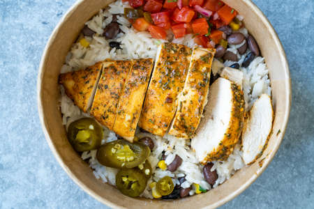Take Away Traditional Mexican Tex-Mex Food with Minced Meat, Basmati Rice, Chicken and Guacamole...