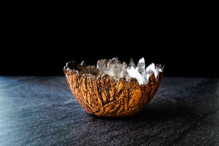 Handmade Ceramic Bowls and Cups Handcrafted with Traditional Ottoman Pattern on Dark Surface and Backround / Handicraft. Ready to Use.の写真素材