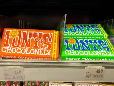 Istanbul, Turkey - May 04 2020: Tonys Chocolonely Milk and Sea Salt Chocolate for Sale. Ready to...