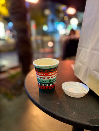 ISTANBUL, TURKEY - MAY 11 2020 Starbucks Hot Beverage Coffee. Christmas Day Collection. Night Shot...